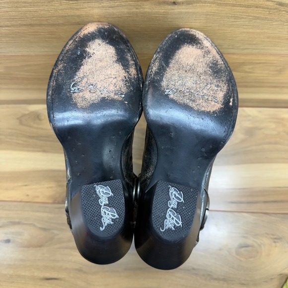 DAN POST Sexy Back Harness Boots 6.5 M Distressed Black Brown Studded Heeled - Picture 9 of 11